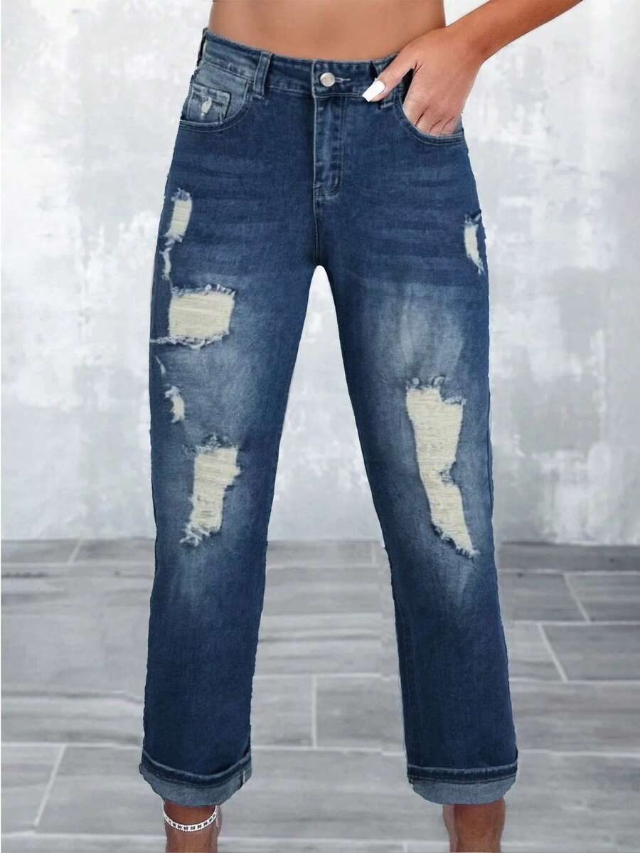 Jeans en denim lavé rétro pour femmes pour le printemps/été, jeans slim fit pour femmes, jeans pour la rentrée scolaire - Jean brut - Voir 1