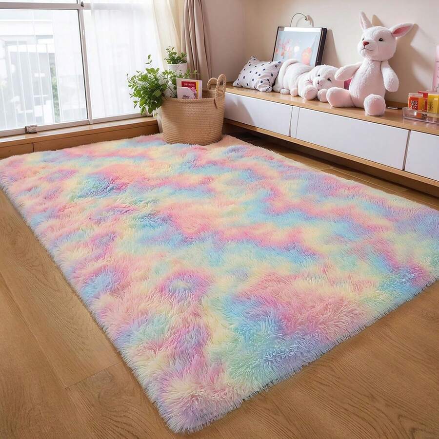 1pc Ultra-Soft, Comfortable And Fluffy Living Room Carpet, Bedroom Indoor Carpet, Fluffy Faux Fur Carpet, Home Decoration, Which Can Be Used In Bedrooms, Living Rooms, Corridors And Other Indoor Areas. - Rainbow - 查看 1