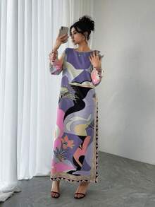 女士奢华圆领长袖宽松优雅休闲透气假日风格长袍，阿拉伯传统长裙，长袍连衣裙，节日礼服 - 紫色 - 查看 7