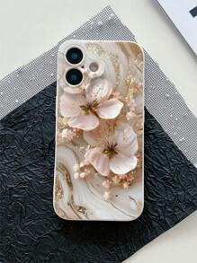 1pc Fashionable Marble Pattern Double Flower Solid Color Matte TPU Shockproof Phone Case, Compatible With IPhone 16/15/14/13/12/11/XSMAX/X/XS/XR/7PLUS/8PLUS/7/8
