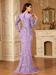 hezixi Stretchy Sequin Dress, Comfortable Fit For Different Body Types, Sheer Round Neck Long Sleeve Bodycon Mermaid Hem Formal Gown - 紫丁香色 - 查看 7