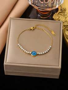 1 件金色双层不锈钢吊坠手链，镀 18K，眼形设计，法国波西米亚风格，韩国个性化时尚，复古，适合女性、情侣、日常穿着、街头派对、节日等的多功能礼物。