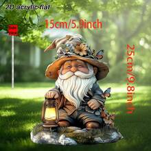 [2D 平面] 双面亚克力花园小矮人雕像带灯笼 - 异想天开的户外装饰，适用于露台、草坪和花园，大号 35.0 厘米，饰有带棕色帽子的胡须小矮人、蝴蝶和花卉装饰，非常适合复活节和艺术景观、花园装饰 - 彩色 - 查看 8