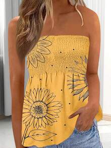 Women's Smocked Ruffle Tube Tops Floral Print Strapless Bandeau Tops Flowy Hem Shirts - Yellow - View 3