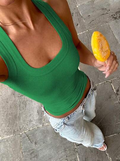 Floreya 女式方领吊带背心，夏季性感简约休闲修身无袖打底衫，法式短款上衣，百搭运动服，适合所有季节