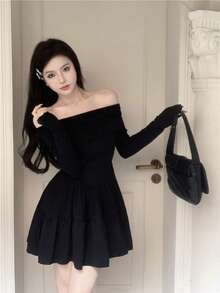 キャバドレス レディース 長袖 肩出し ミニドレス セクシー 肩出し フレア袖 タイトワンピース ショート丈 パーティー ボートネック 過激 キャバ嬢 ボディコン 披露宴 - ブラック - チェックする 1