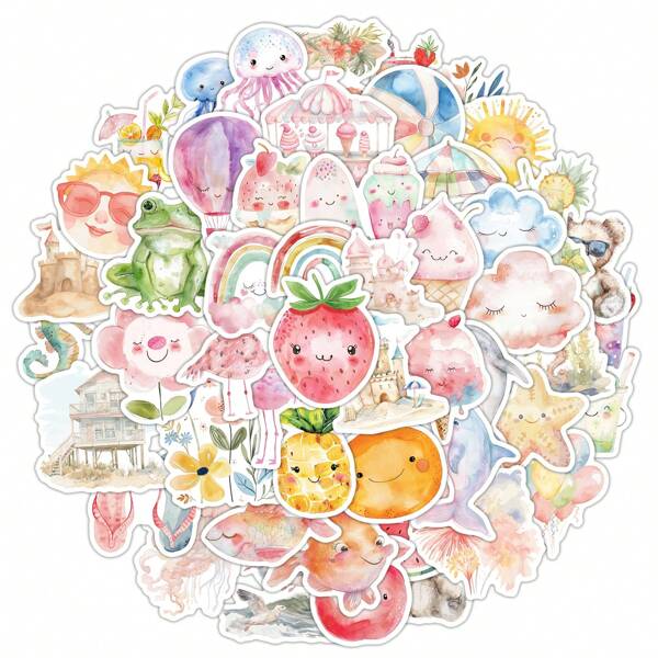 50PCS Watercolor Summer Stickers Vinyl Aesthetics Stickers For Scrapbooking, Diary, Laptop, Bumper, Skateboard, Water Bottle, Computer, Phone, Cartoon, Hard Hat, Car Stickers And Decals