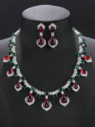 1 set de 3 pièces Parure de bijoux avec collier et boucles d'oreilles en zircone cubique de luxe. Collier personnalisé mode pour s'assortir aux robes de soirée. Cadeau romantique pour les fêtes