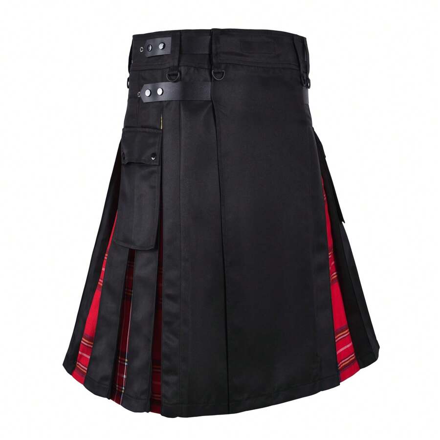 Nuevo diseño popular de estilo europeo y americano Falda escocesa de hombre con vacaciones a cuadros, costura de contraste de color y pliegues, a cuadros rojos y negros