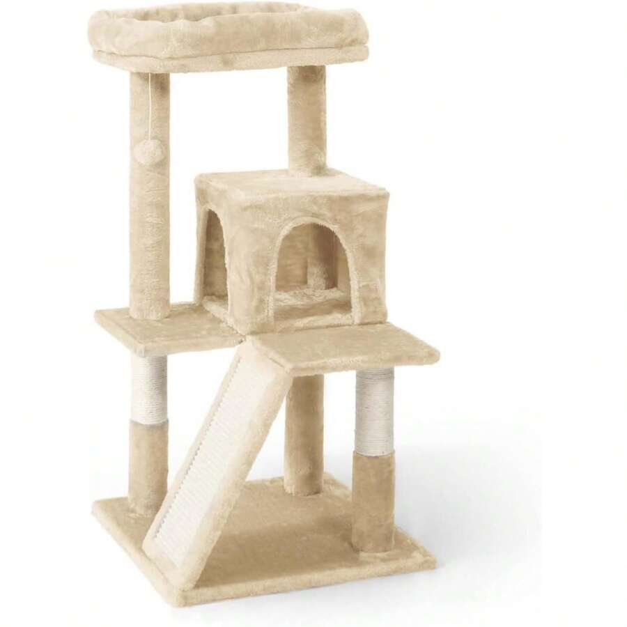 Local Delivery-CAPHAUS Tall Climbing Modern Indoor Play Tower For Large Cats Kittens, 70-Inch With Top Perch, Cat Cave Condo, Cat Tree W Hammock, Multi-Level Cat Activity Tree W Cute Scratching Posts - 米色 - 查看 1