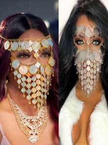 1 pieza - Accesorios de danza del vientre con velos de monedas, accesorios de juego de roles, máscaras clásicas y de moda que son regalos ideales para niñas. Son excelentes opciones para la danza del vientre, citas, fiestas, actuaciones de baile, juegos de roles, máscaras Niqab Burqa Burka y diademas con rhinestones. Esta diadema te hace lucir misteriosa y cuando te mueves, las monedas hacen un sonido claro y brillante. Las buenas expresiones definitivamente te harán divertirte en fiestas de Halloween