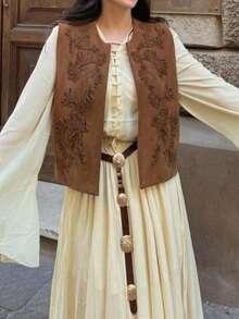 Seelio Spring/Autumn New Women's Embroidered Decoration Fleece Effect Vest