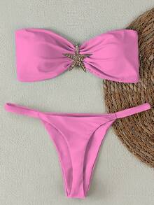 Neuer sexy pinker trägerloses Seestern-Muster Bikini-Set für Frauen, lässiger europäischer und amerikanischer Stil, geeignet für Strand, Urlaub, Party, Date, Frühling/Sommer - Pink - Übersicht 1