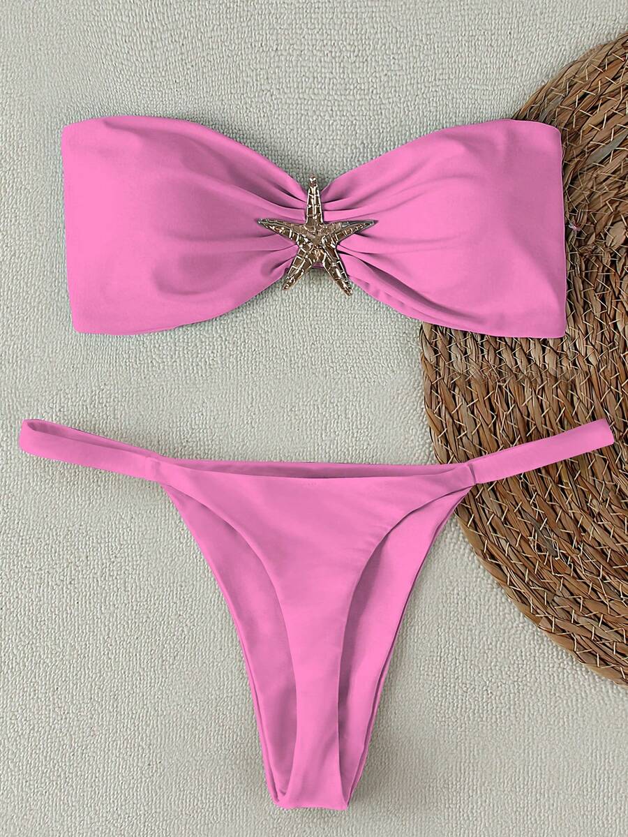 Neuer sexy pinker trägerloses Seestern-Muster Bikini-Set für Frauen, lässiger europäischer und amerikanischer Stil, geeignet für Strand, Urlaub, Party, Date, Frühling/Sommer - Pink - Übersicht 1