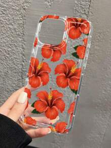 Flower 1pc Minimalist Red Hibiscus Pattern Airbag Anti-Slip Soft Phone Case Compatible With Iphone 11/12/13/14/15/16 Pro Max