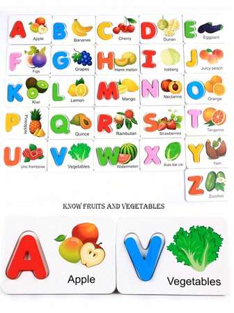 Montessori Wooden ABC And Fruits Jigsaw Puzzle - Fun Preschool Learning Card For Vegetable And Fruit Fun