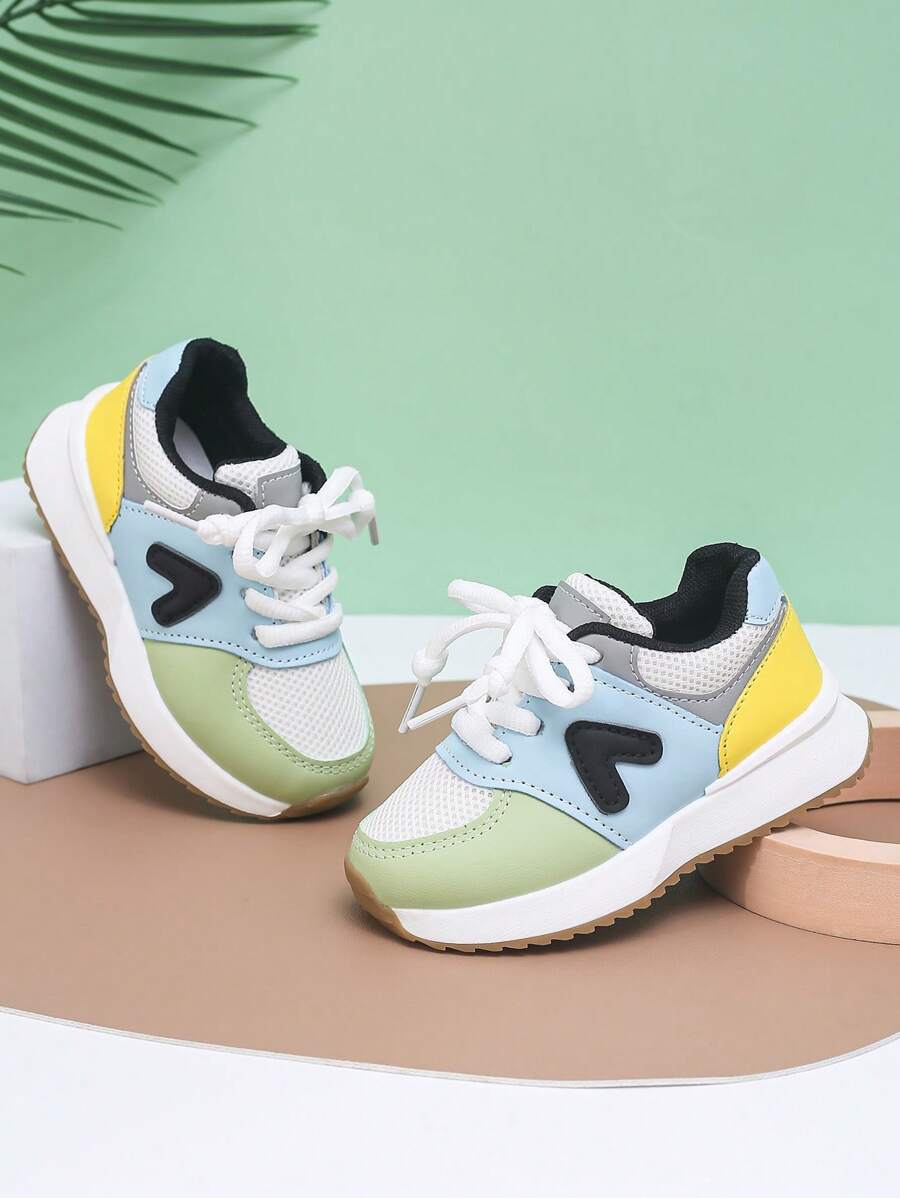 Kids' Colorful Patchwork Mesh Sneakers, Lace-Up Casual Shoes, Soft Sole Sports Shoes For Boys And Girls, Spring/Autumn