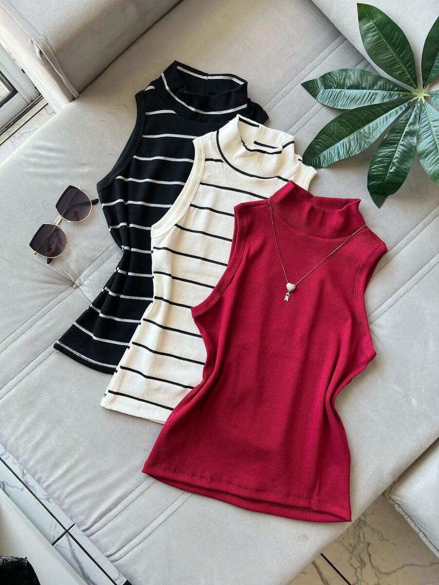 3 Pieces Tank Top Kit With High Neck Ribbed Fabric Striped Basic Long Tank Top Winter Fashion Color Block Cut And Sew Striped Casual Elegant Knitted Button - BỘ 3 RƯỢU VANG - Xem 1