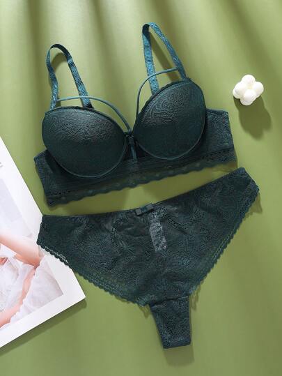 Conjunto de sutiã acolchoado de renda elegante e romântico francês, conjunto de lingerie feminina confortável em cores contrastantes