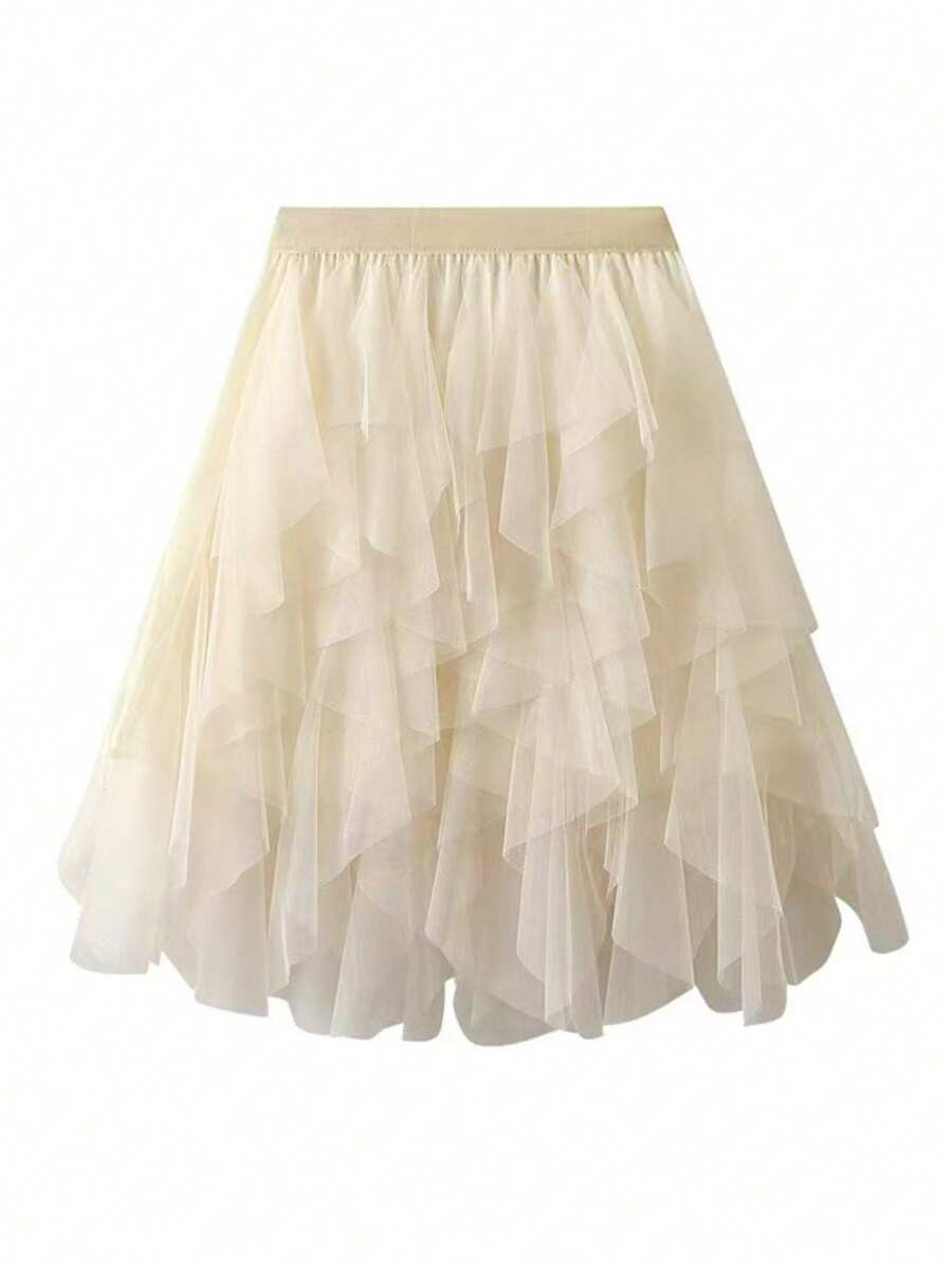 1pc Women's New Arrival Asymmetric Ruffled Layered Cake Skirt, Tulle Puffy A-Line Skirt - Beige - View 1