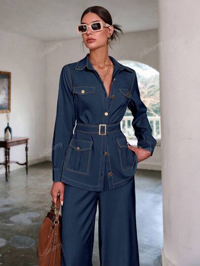 Sollinarry Women's Autumn New Stitching Pocket Decor Long Sleeve Top And Pants Casual 2 Pieces Set, Vintage Style, Suitable For Teachers