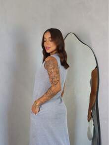 Long Dress With Slit And Pockets 100% Cotton - Xám - Xem 4