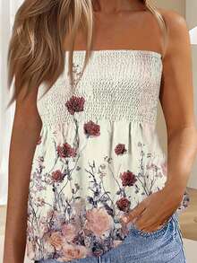 Women's Smocked Ruffle Tube Tops Floral Print Strapless Bandeau Tops Flowy Hem Shirts - Ivory - View 5