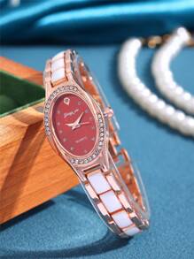 1 Peça Relógio de Quartzo Feminino Clássico Minimalista com Pulseira de Cerâmica Branca, Mostrador Oval Incrustado de Zircônia, Adequado para o Dia a Dia, Festas, Presentes de Aniversário