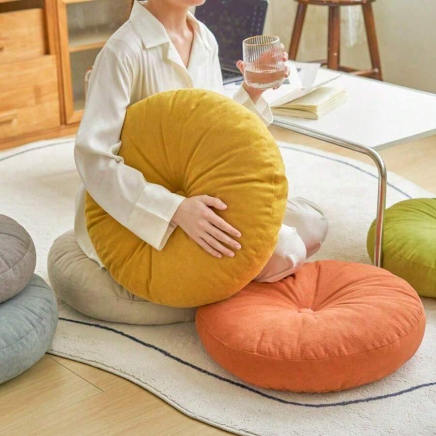 1 pieza Almohada redonda capitoneada de chenilla - Cojín grande para meditación para adultos, Tapete de yoga de poliéster brillante, Cojín para banco/silla de ventana, Uso multipropósito con bandeja para lectura