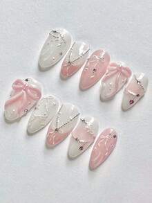 10 件手工杏仁指甲贴、粉色渐变蝴蝶结、珍珠链和 3D 贴花、可拆卸美甲套装（含果冻凝胶）、可重复使用艺术装饰按压指甲美甲用品