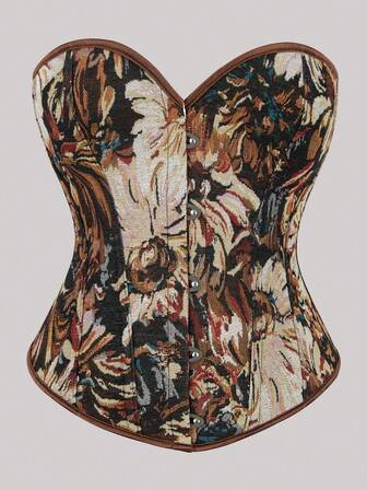 Plus Size Floral Print Lace Up Corset Top Vintage Women Holiday Party Tops For Oktoberfestin Munich ,Halloween,Christmas,New Year,Valentine's Day