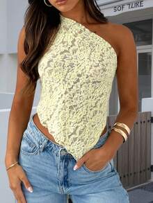 Women Y2k Sheer Crop Tops One Shoulder Tank Tops Lace Floral Sleeveless Backless Asymmetrical Tops Summer See Through Slim Fitted Shirt Going Out Tops Club Party Streetwear Aesthetic Clothes - 黃色 - 查看 1