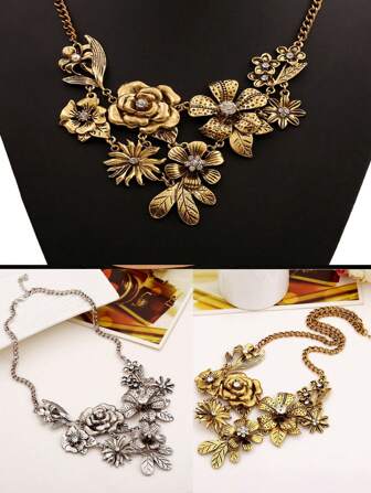 Fashionable Retro Flower Pendant Necklace, Rhinestone Embellished Necklace, Versatile Sweater Chain Short Clavicle Chain For Women