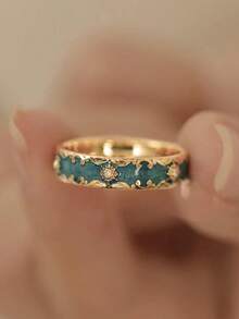 1 件独特花卉印花优雅设计精致薄荷绿珐琅可调节戒指 - 墨綠色 - 查看 1