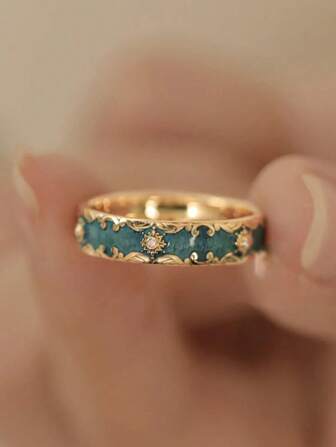 1pc Unique Floral Print Elegant Design Delicate Mint Green Enamel Adjustable Ring