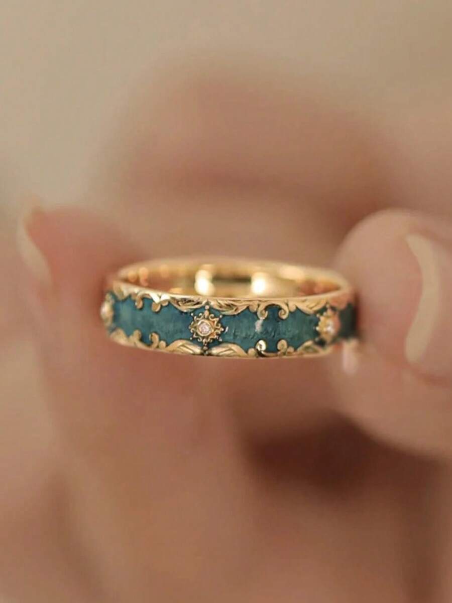 1 件独特花卉印花优雅设计精致薄荷绿珐琅可调节戒指 - 墨綠色 - 查看 1