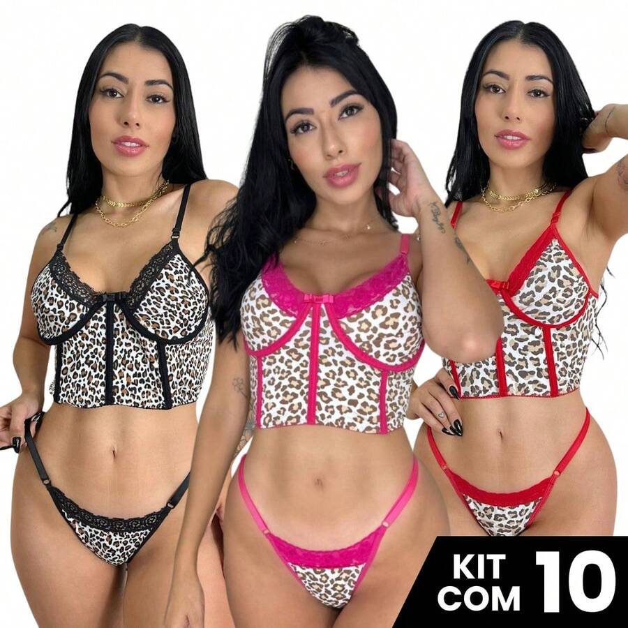 Kit 10 Sets Leopard Print Cropped Panties And Bra - Nhiều màu - Xem 1