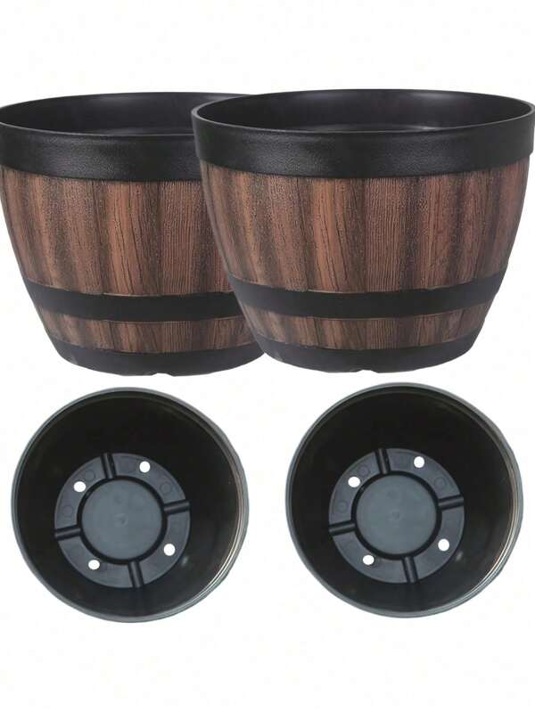1pc Vintage Whiskey Barrel Planter, Resin Striped Garden Flower Pot With Drainage Hole And Saucer, Casual Style Oval-Shaped Plastic Plant Container For Herbs, Flowers, Succulents, Indoor And Outdoor Use