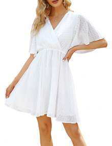 Womens Summer Swiss Dot Mini Dress Bell Short Sleeve V Neck Chiffon Wrap Elastic High Waist Casual Swing A Line White Dresses - 白色 - 查看 2