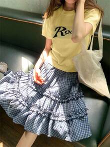 RUIWY 女款彩色块字母印花针织短袖T恤，夏季设计休闲圆领上衣，修身