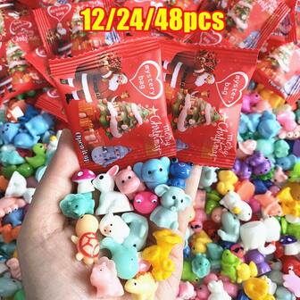 12/24/48pcs Mini Animals Mushroom Figurines Christmas Blind Bags Animal Miniature Fairy Garden Micro Landscape Bonsai Ornaments Mystery Bag, Perfect For Christmas Day Xmas Party Gifts