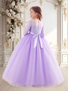 Tween Girls Lace 3/4 Sleeve Bow Mesh Elegant Birthday Party Princess Dress, Suitable For School Graduation Prom Flower Girl, Headband Not Included - Mauve Purple - View 5