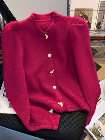 女士高端休闲毛绒针织开衫，泡泡袖宽松上衣，春秋季