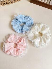 1pc Vintage Ditsy Floral Lace Trim Hair Scrunchie, Elegant Bun/Ponytail Hair Tie, Sweet Hair Accessory