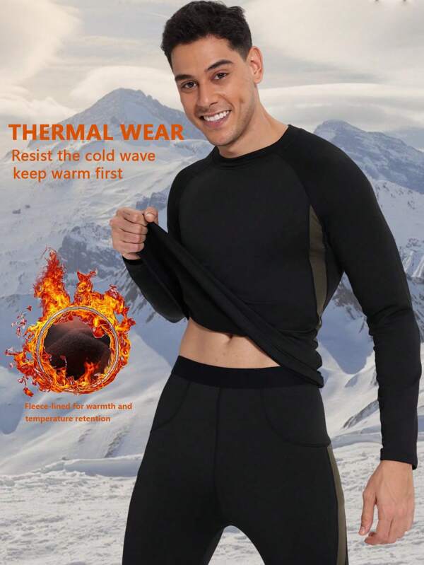 1pc Men's Thermal Underwear, Thermal Lined Base Layer Top For Cold Weather Outdoor Sports, Ski, Hunting, Warm Sleepwear For Autumn/Winter