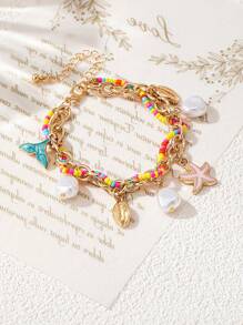 1 pulseira com pingente de pérola, estrela do mar e concha, elegante, cor dopamina, fresca, simples e versátil