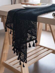 Tokoto 1 件黑色镂空桌布，现代波西米亚风亚麻方形桌布，适合圣诞节、万圣节装饰、派对庆典、边桌、床头柜、沙发边柜、鞋柜，四季皆宜 - 黑色 - 查看 9