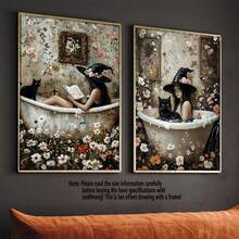 浴缸里的女巫和黑猫（两件套）、浴室黑暗学院、墙面艺术、海报、带画框的墙面艺术、忧郁哥特式女巫装饰、复古秋季海报、乡村风格的万圣节女巫装饰、万圣节家居装饰、房间装饰、墙面艺术、房间装饰美学、复古装饰、客厅墙面艺术 - 帆布材质（可选画框）、万圣节装饰秋季装饰