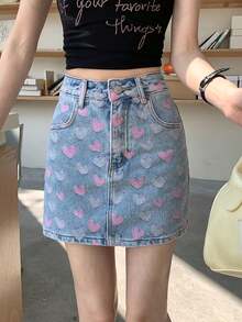 Slimming Versatile Denim A-Line Skirt, Fitted Heart Pattern Mini Skirt For Women - Blue - View 1
