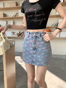 Slimming Versatile Denim A-Line Skirt, Fitted Heart Pattern Mini Skirt For Women - Blue - View 2